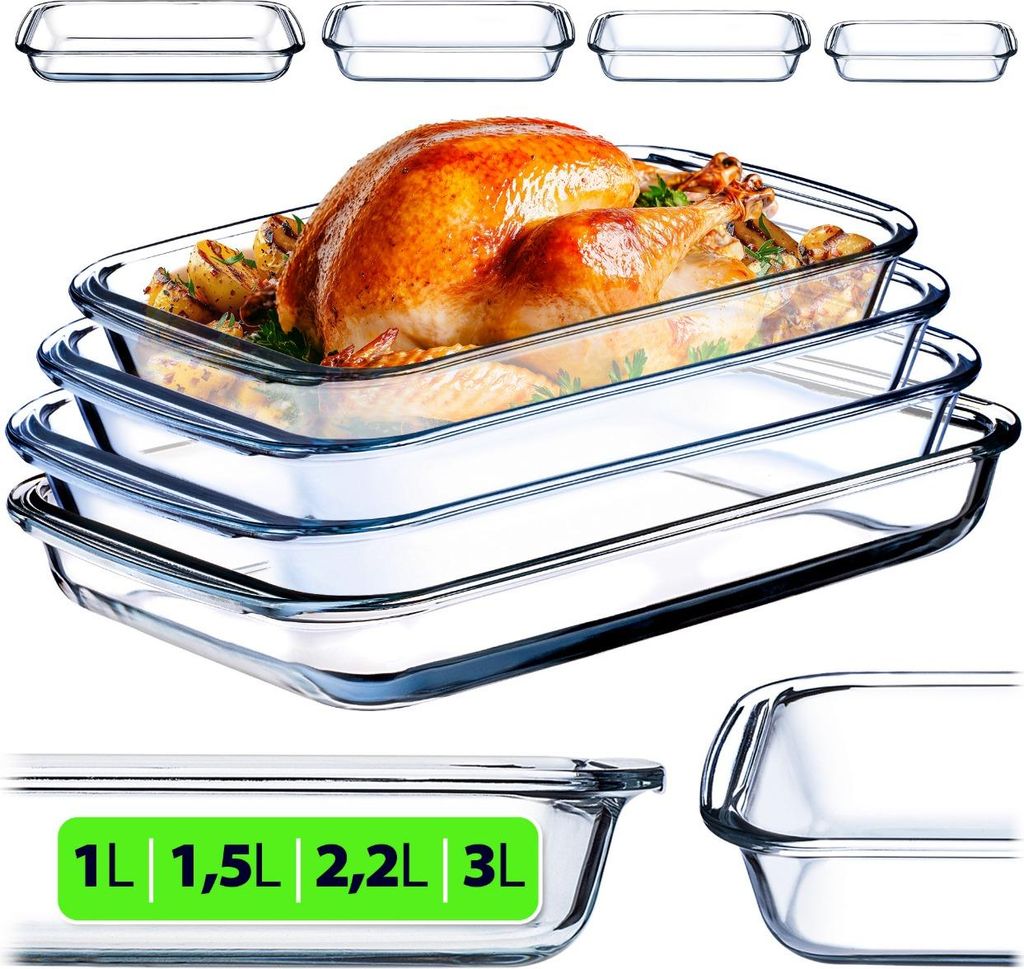 KADAX rechteckige Auflaufform 1 + 1,5 + 2,2 + 3L aus hitzebeständigem Glas, Spülmaschinenfeste Gasbackformen, Geschirr zum Braten, Glasauflauffor...