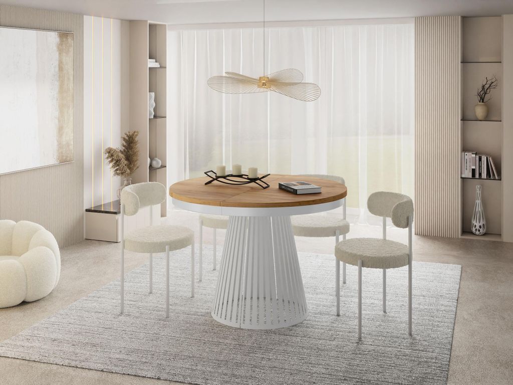 Esstisch Rund Ausziehbar mit Lamellen im Loft-Stil – 100 bis 180 cm – Industrieller Tisch mit Weißen Metallbeinen, Platzsparend für Wohnzimme...
