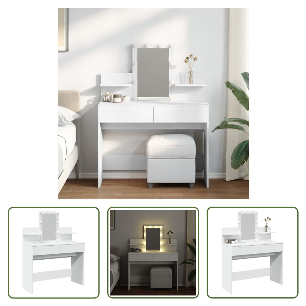 The Living Store Schminktisch mit LED-Beleuchtung Weiß 100x40x130 cm