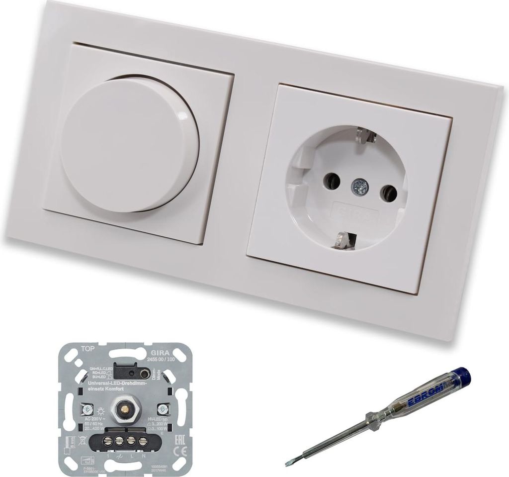 GIRA 245500 LED Drehdimmer Dimmer + Dimmerscheibe Zentralscheibe 065003 und Steckdose 418803 in Gira E2 reinweiß glänzend inklusive EBROM Phasenp...