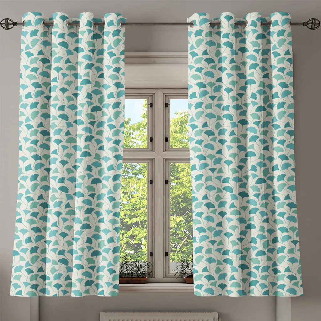 Rideau feuilles de ginkgo en tissu pastel turquoise 280 cm x 175 cm