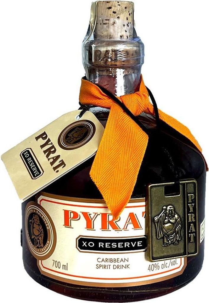 A bottle of Pyrat XO Reserve Caribbean Spirit Drink.
