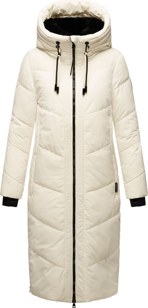 Marikoo Damen Winter Steppjacke Vegan Teddyfell gefüttert Steppmantel Jacke lang warm Mantel Parker Kragen mit Tunnelzug am Kapuze Nadaree XVI Off...