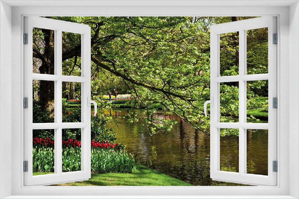 Wallario selbstklebendes Poster mit Fenster-Illusion - Bunte Blumen im Park am Wasser - Frühblüher am Ufer, Größe: 100 x 150 cm