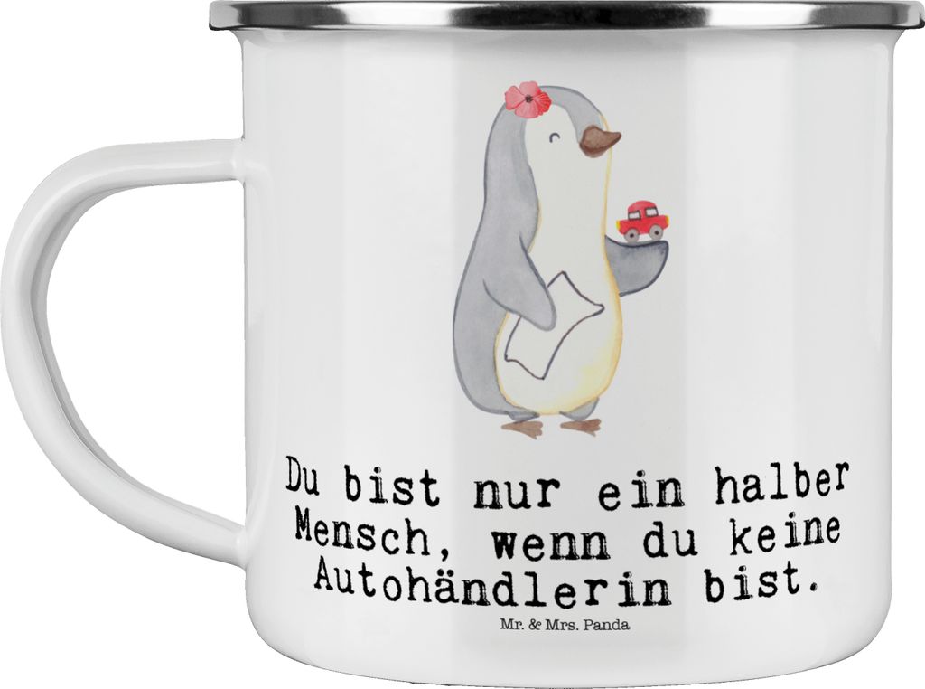 Mr. & Mrs. Panda Teetasse Autohändlerin Herz - Weiß - Geschenk, Spruch, Danke, Autohandel, Lustig, Beruf, Outdoor Tasse, Teebecher, Emaille, emai...