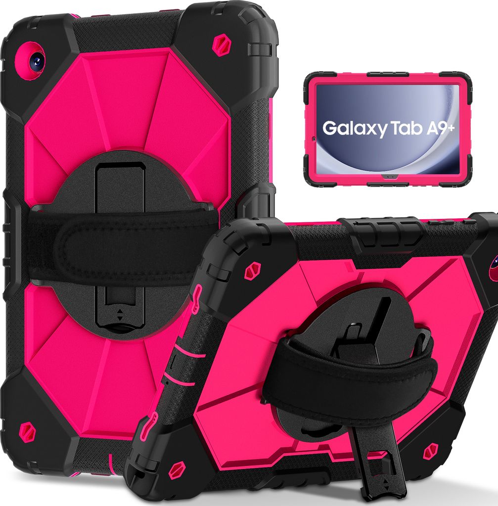 Hülle für Samsung Galaxy Tab A9 Plus /Tab A9+ 11" 2023 Tablette Schutzhülle Stoßfeste mit 360 Drehbarer Handschlaufe/Ständer Schwarz Rosa