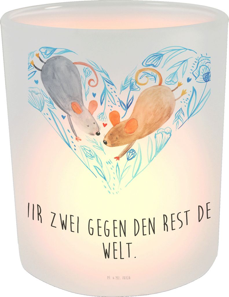 Mr. & Mrs. Panda Teelichthalter Glas Mäuse Herz - Transparent - Geschenk, Gemeinsamkeit, Outdoor Windlicht, Freundin, für Immer, milchglas, Hochz...