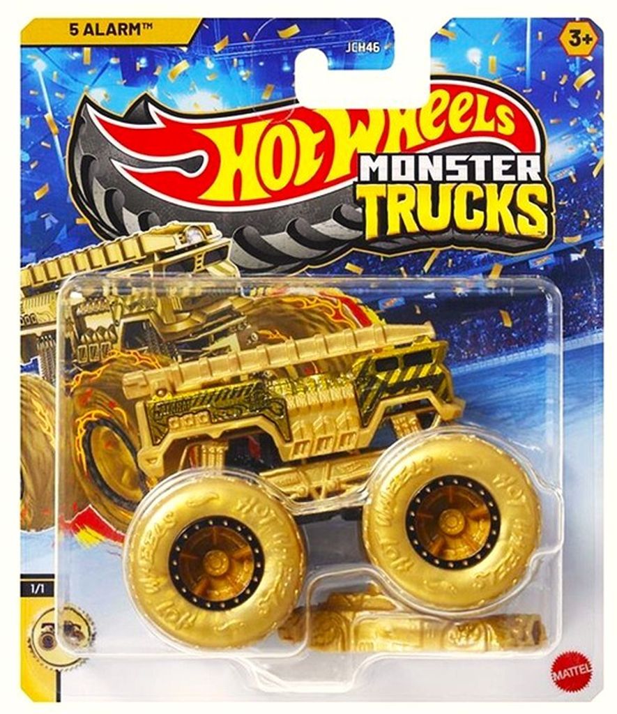 A Hot Wheels Monster Truck toy in its packaging, with confetti and a stadium background.