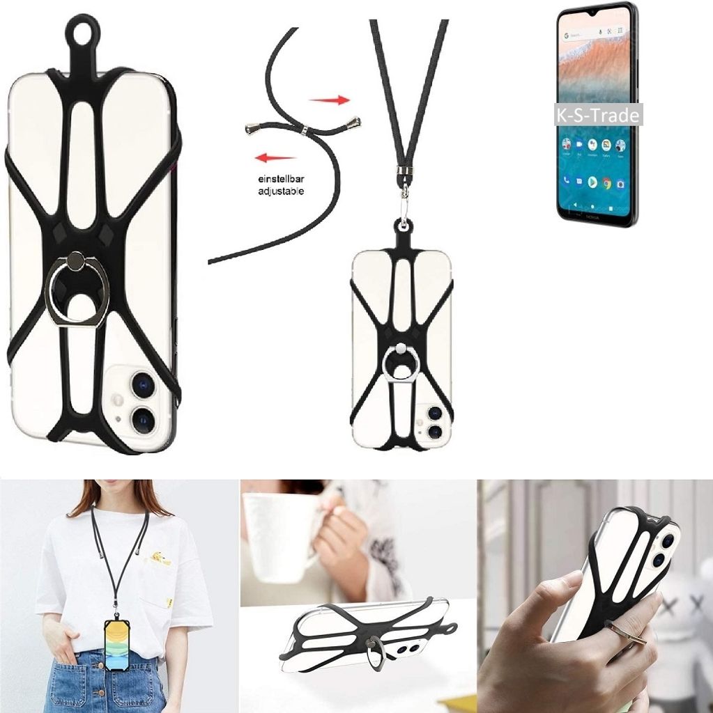 K-S-Trade 3in1 Handykette Handyband Handykordel Halsband Smartphone-Ring Handy-Ring kompatibel mit Nokia C21 Plus 4GB Fingerhalterung Handyring