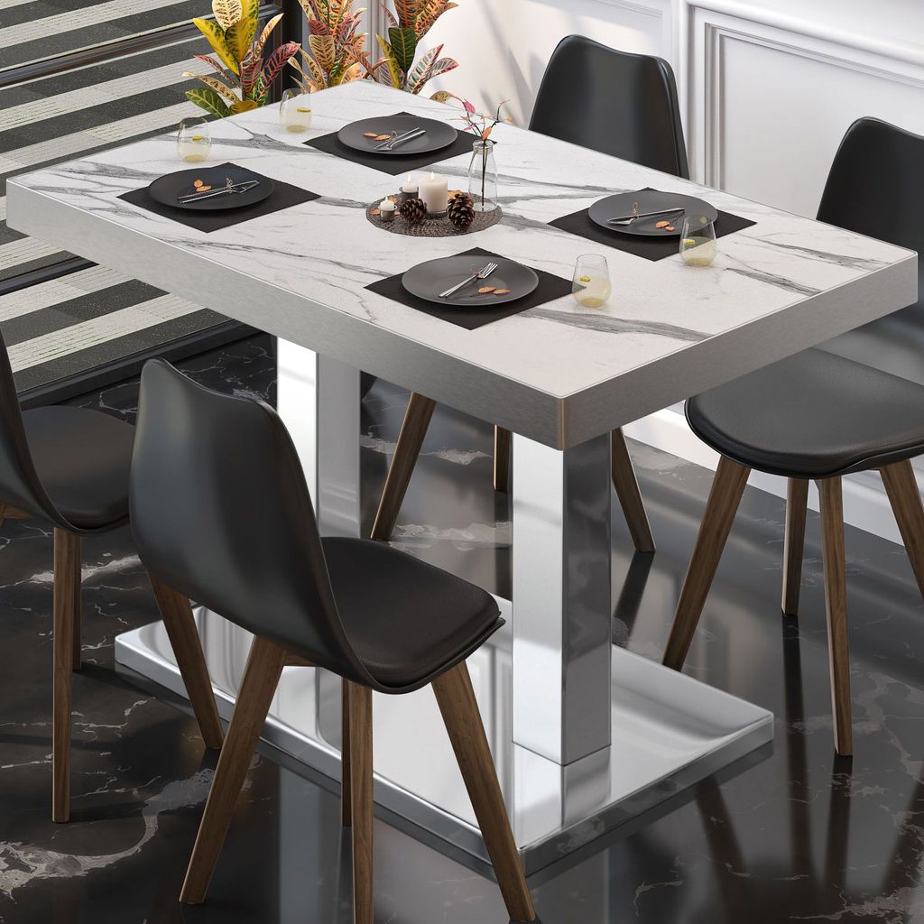 BM | Bistrotisch | B:T:H 110 x 60 x 77 cm | Weiß Marmor / Edelstahl | Rechteckig | Edelstahl Rand | Bistro Tisch Esstisch