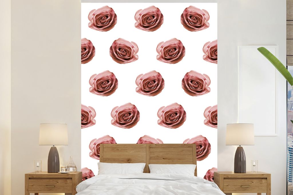MuchoWow Fototapete für Wohnzimmer oder Schlafzimmer Wandtapete Vinyl Motivtapete Rosen - Pastell - Muster - 195x300 cm - Das Hintergrundbild