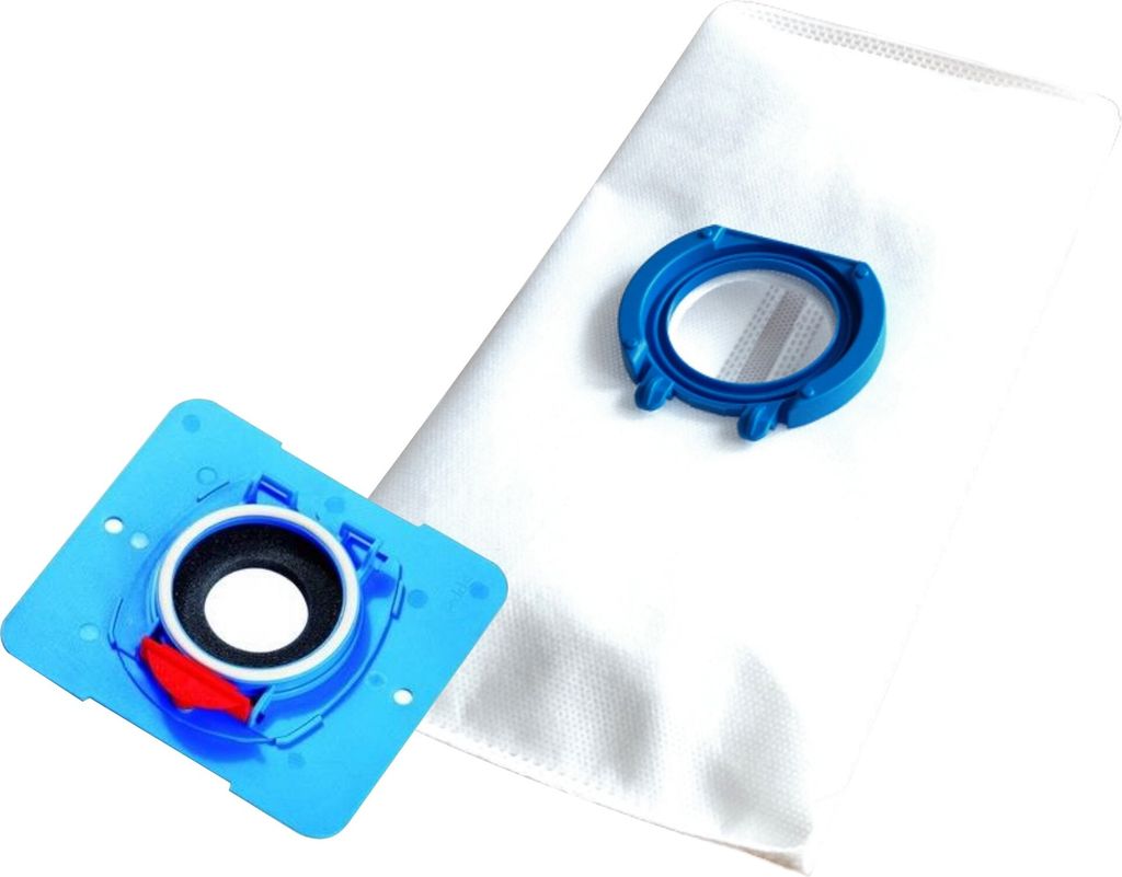 A vacuum cleaner bag and its adapter are shown on a white background.