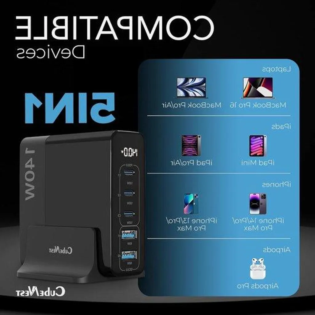 Chargeur 5 ports USB 140W GaN, affichage digital LCD intelligent
