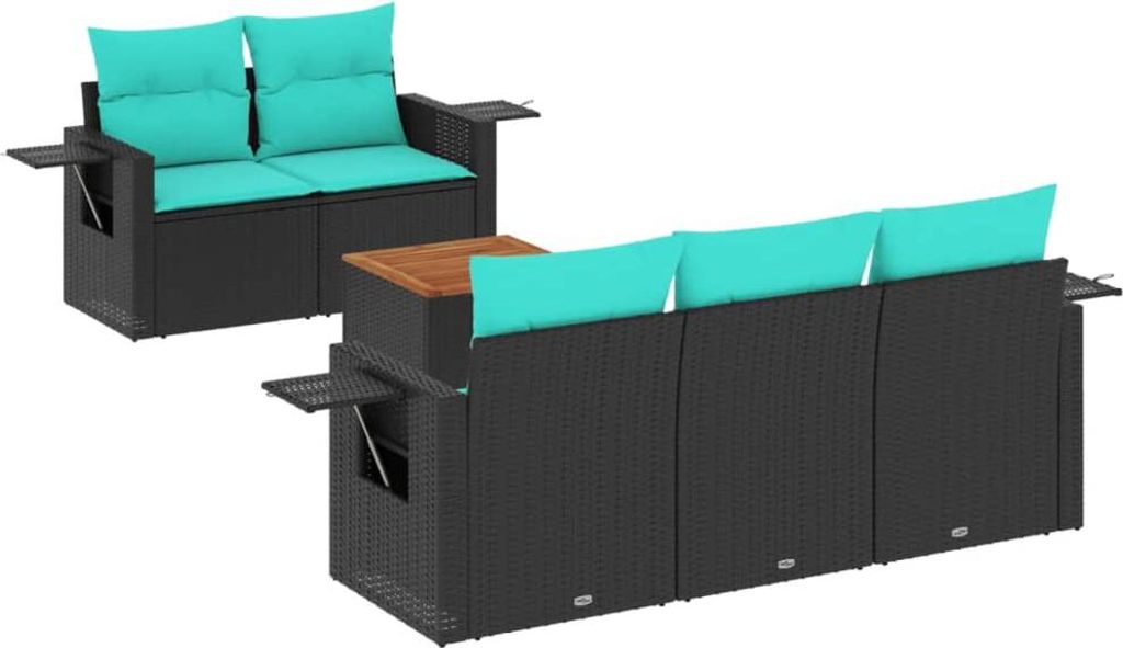 vidaXL 6-teiliges Gartensofa-Set mit Kissen, schwarzes Polyrattan