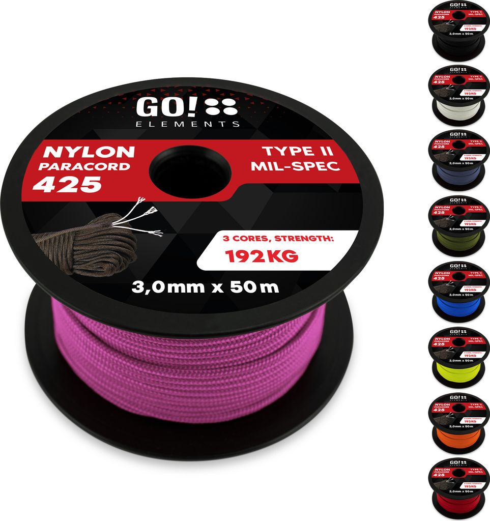 GO!elements 50m Paracord Seil aus reißfestem Nylon - 3mm Paracord 425 Typ II max. 192kg - Schnüre als Outdoor Seil, Allzweckseil, Survival Seil, ...