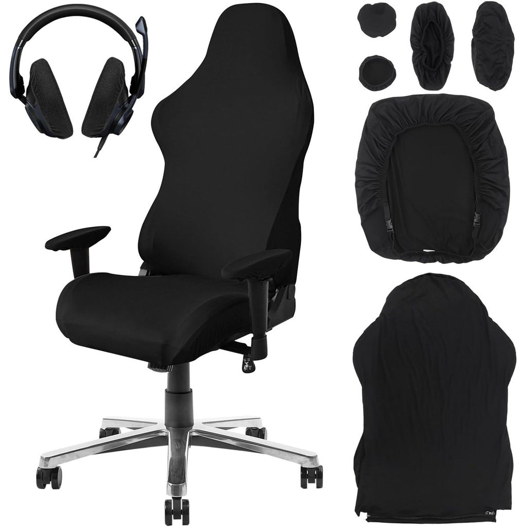 Stuhlbezüge für Gaming-Stühle, 6er-Set, schwarz, mit Armlehnen, dehnbar, abnehmbar, waschbar, für Computerstühle, Gaming-Stühle, Drehstühle ...