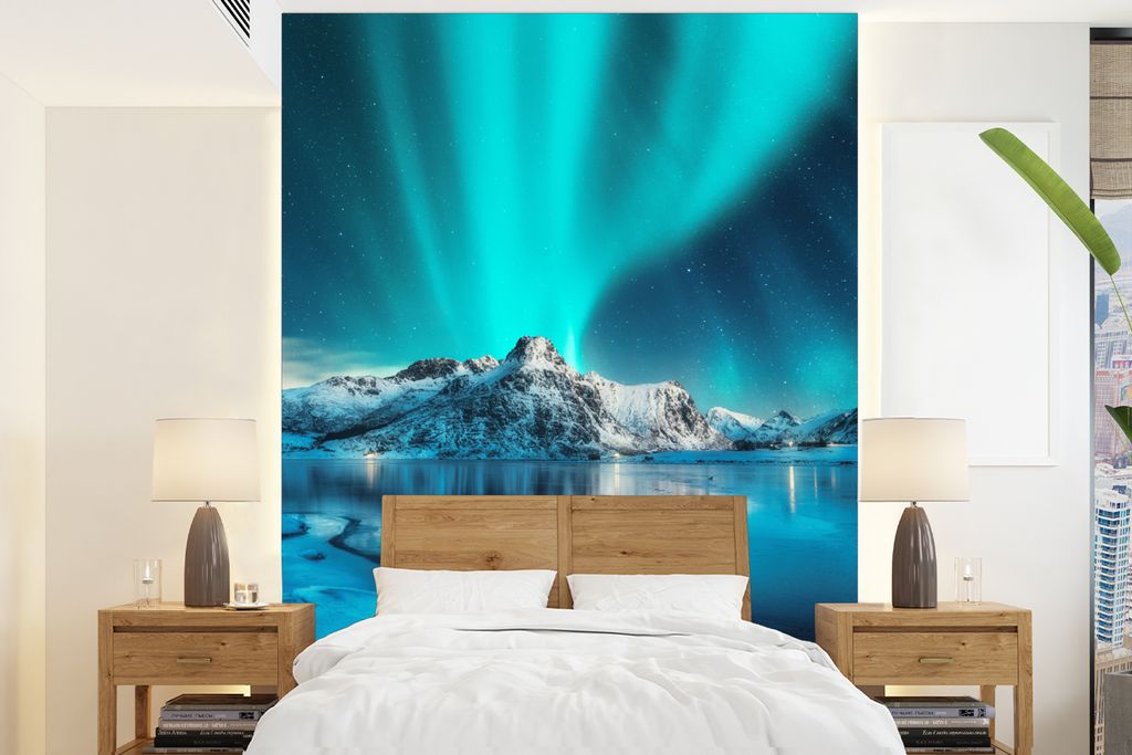 MuchoWow Fototapete für Wohnzimmer oder Schlafzimmer Wandtapete Vinyl Motivtapete Nordlicht - Eis - Schnee - Norwegen - Blau - Berge - 175x240 c...