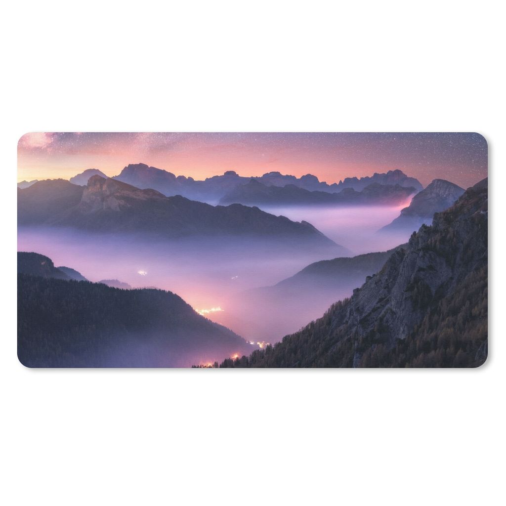 MuchoWow Schreibtischunterlage Berge - Sternenhimmel - Nebel 80x40 cm - XXL Mauspad - Gaming Mauspad
