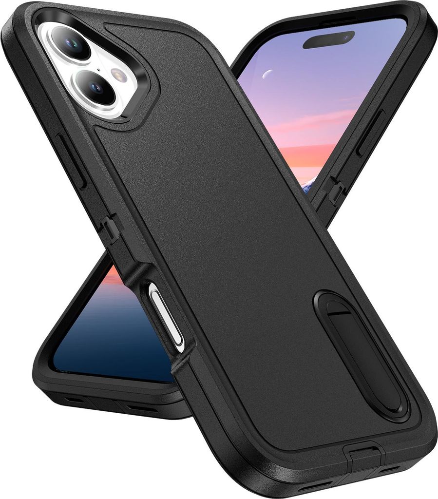 Hülle für iPhone 17 Hybrid Dreilagige Robust Stoßfest Schwerlast Schutzhülle mit Ständer Schwarz