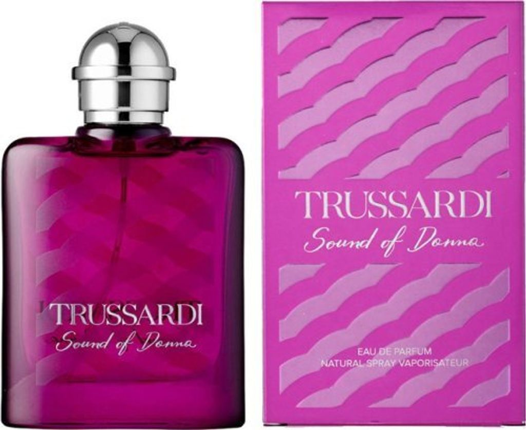 A bottle of Trussardi Sound of Donna perfume and its packaging are displayed side-by-side against a white background.