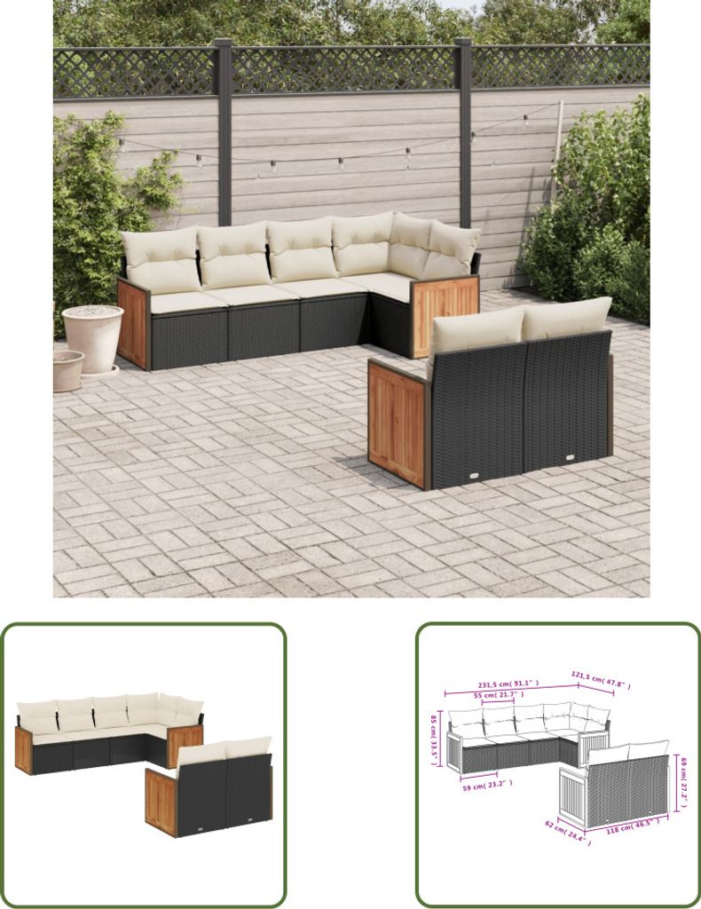 The Living Store 7-tlg. Garten-Sofagarnitur mit Kissen Schwarz Poly Rattan