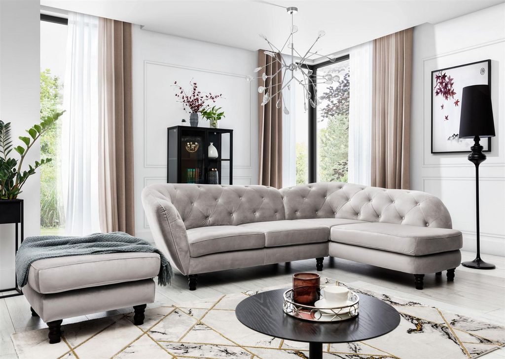 Ecksofa inkl.Hocker CHARLOTTE in Stoff Matt Velvet Cappuccino Ottomane Rechts