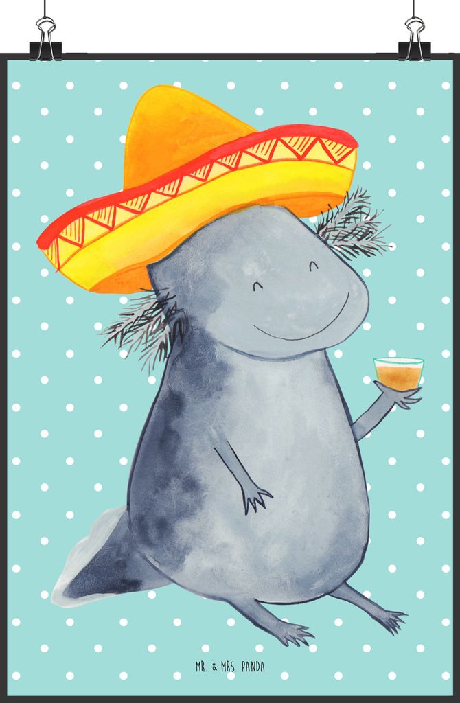 Mr. & Mrs. Panda Bild Axolotl Tequila DIN A2 - Türkis Pastell - Geschenk, trinken, Wanddekoration, grafikposter, Feuersalamander, Party, Urlaub, M...