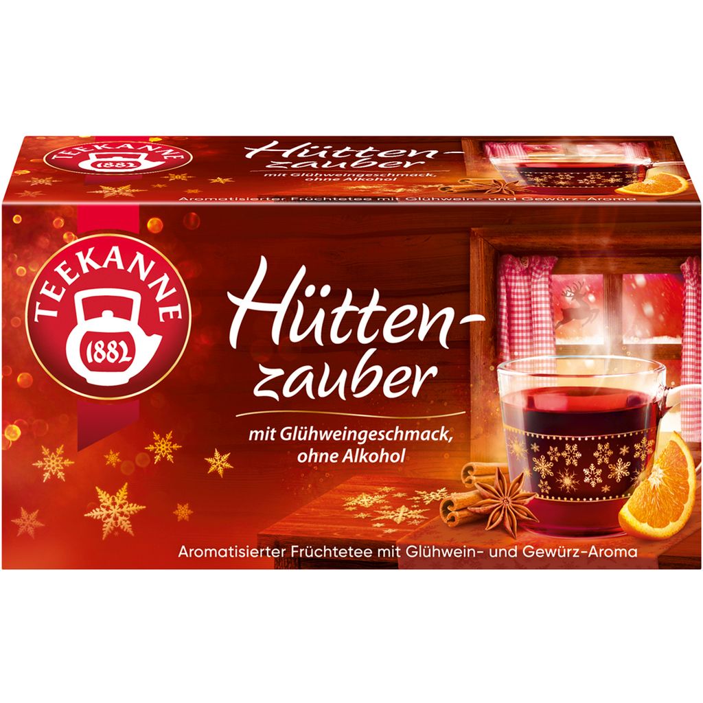A box of Teekanne Hüttenzauber fruit tea with mulled wine and spice flavor.