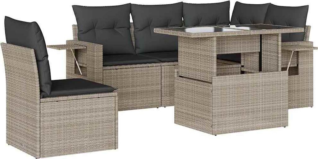 vidaXL 6-tlg. Garten-Sofagarnitur mit Kissen Hellgrau Poly Rattan