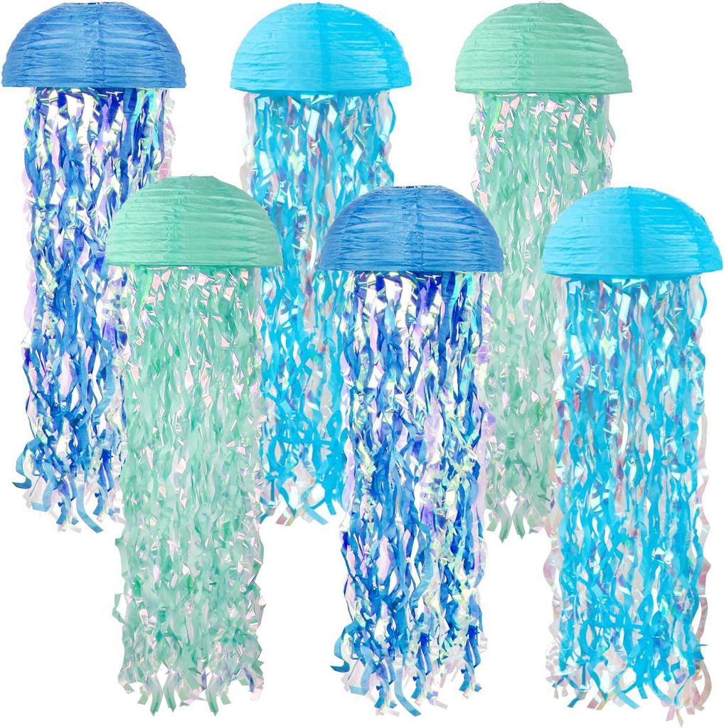 6er-Pack Quallen-Laternen mit Farbverlauf in Blau, Papierlaternen-Dekoration mit Ozean-Motiven, für Strand, Pool, Klassenzimmer, Hängedeko für M...