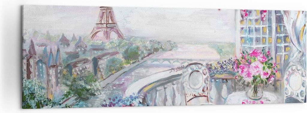 Bild auf Leinwand - Leinwandbild - Blumen Eiffle Architektur Balkon - 160x50cm - Wand Bild - Wanddeko - Leinwanddruck - Bilder - Kunstdruck - Leinw...