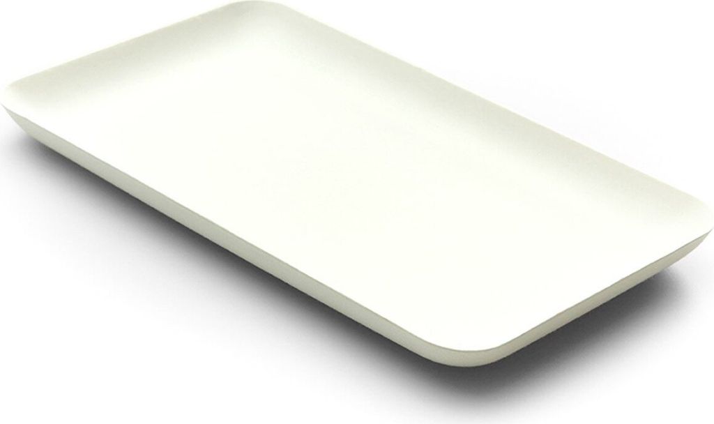 A single white rectangular plate shown from a diagonal angle on a white background.