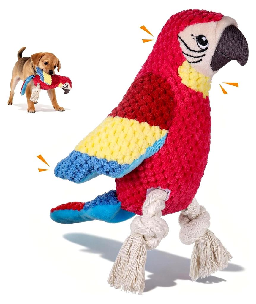 Papagei Kuscheltier, Quietschendes Hundespielzeug, Interaktives Welpenspielzeug mit Knisterpapier und Seilfüßen zur Linderung von Langeweile, Hun...