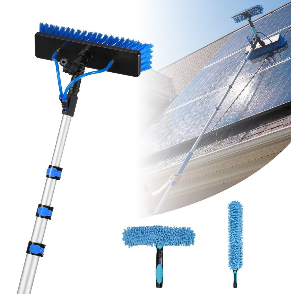 Teleskop-Waschbürste für Solarmodule/Solarpanel - Reinigungsset - Alu-Teleskopstange 1,7–6 m - Wasserschlauch 20 m - Bürste 180° schwenkbar -...