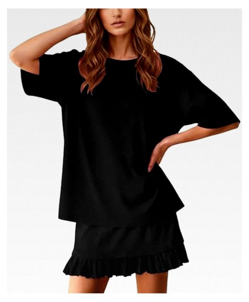Rüschenrock Damen Set Zweiteiliges Outfit mit Rundhals Kurzarm Top und Kurzem Rock mit Plissiertem Saum Einfarbig Freizeitanzug Faltenrock Loungewear