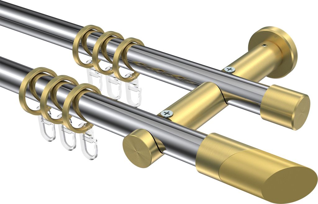 Interdeco Gardinenstange / Vorhangstange Chrom / Messing-Optik, Typ Platon Verano (Schräge), 20 mm Ø 2-läufig, 100 cm