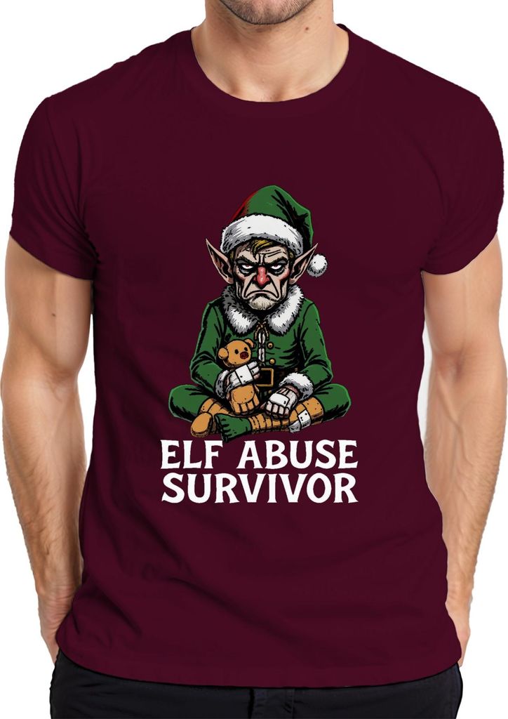 Elf Abuse Survivor böser Weihnachtself düster Geschenk Herren T-Shirt, Burgundy, XXL