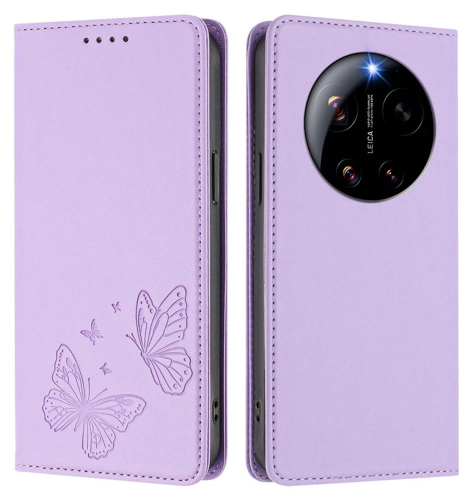 Lederhülle für Xiaomi 17 Ultra, Schmetterling Prägung Leder Brieftasche Schutzhülle mit Ständer Violett