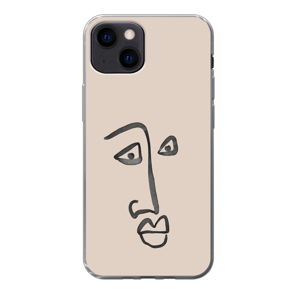 MuchoWow Handyhülle Schutzhülle Hülle für iPhone 13 mini Gesicht - Rosa - Strichzeichnung Silikon Softcase Handy Hülle - Softcase