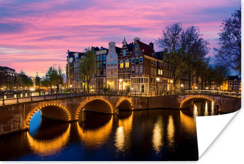 MuchoWow Poster Amsterdam - Nacht - Gracht 90x60 cm - Schlafzimmer