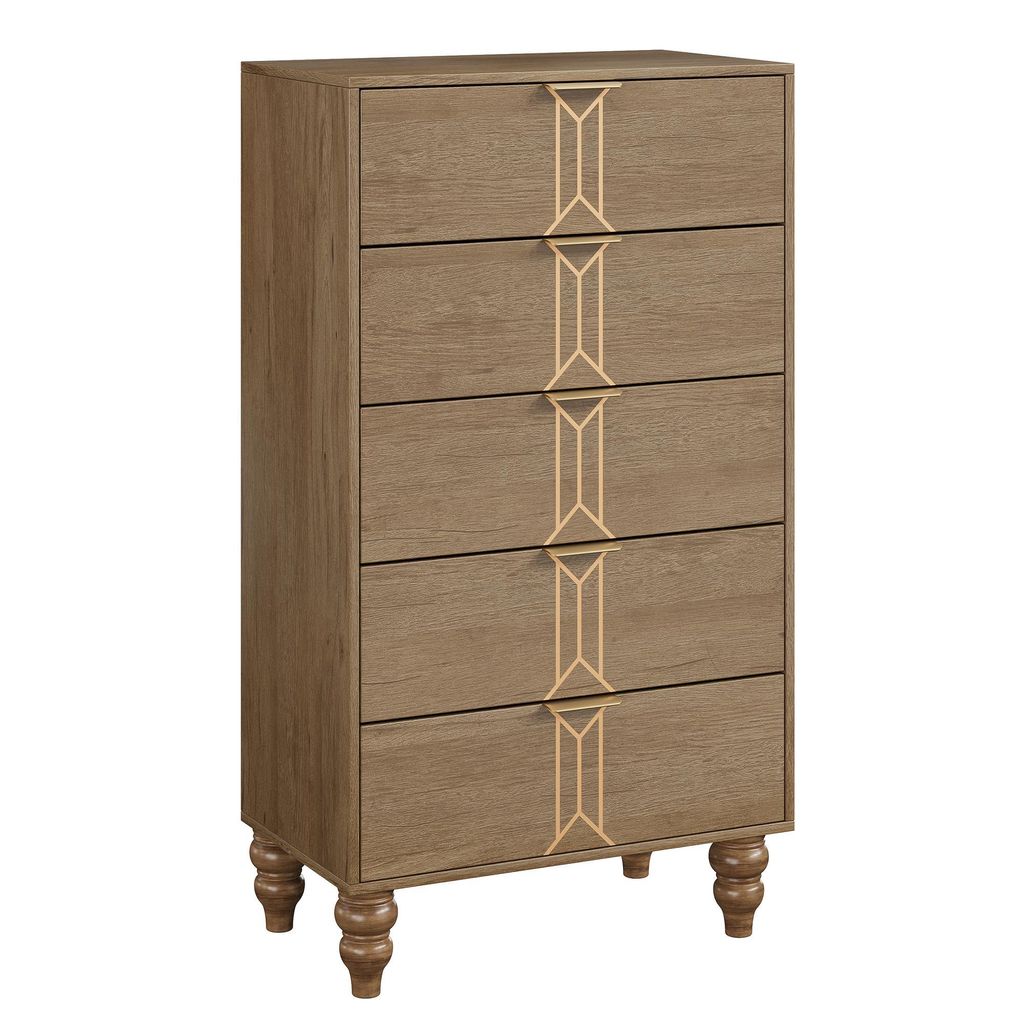 Kommode für das Schlafzimmer 5 tiefe Schubladen Vintage-Design aus Eichenholz und Gold Schrank Viel Stauraum für Kleidung und Accessoires