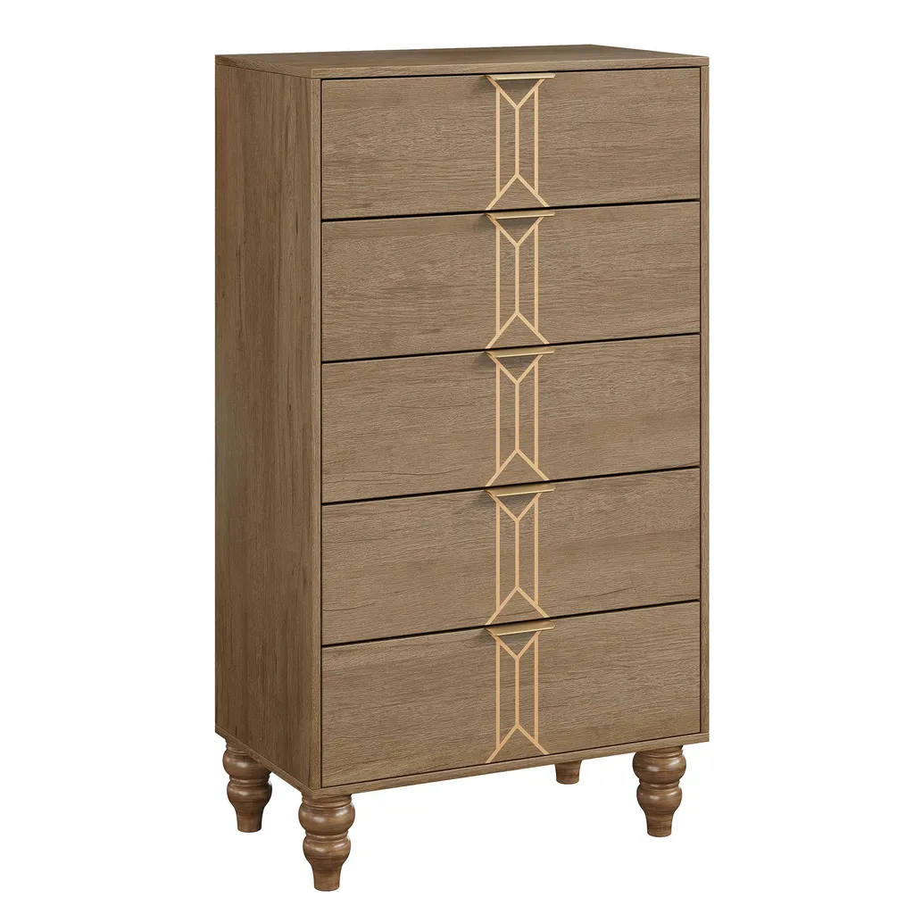 Commode Design Vintage Chêne et Or avec 5 Grands Tiroirs de Rangement
