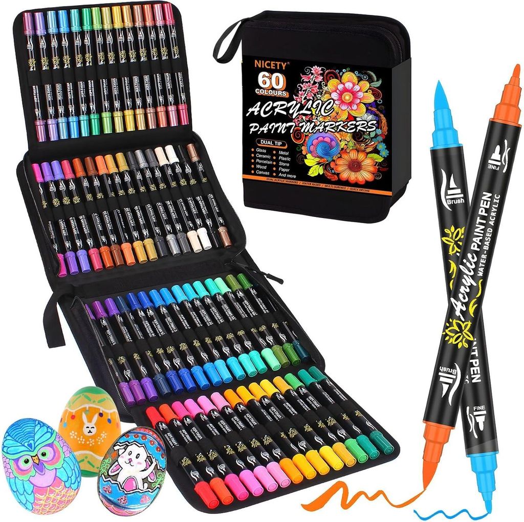 Acrylstiften & Acrylmarkers Set - DIY Acrylverf Kit - Farben nach Zahlen für Erwachsene - Stift- & Marker-Pinselset - 60 Stück