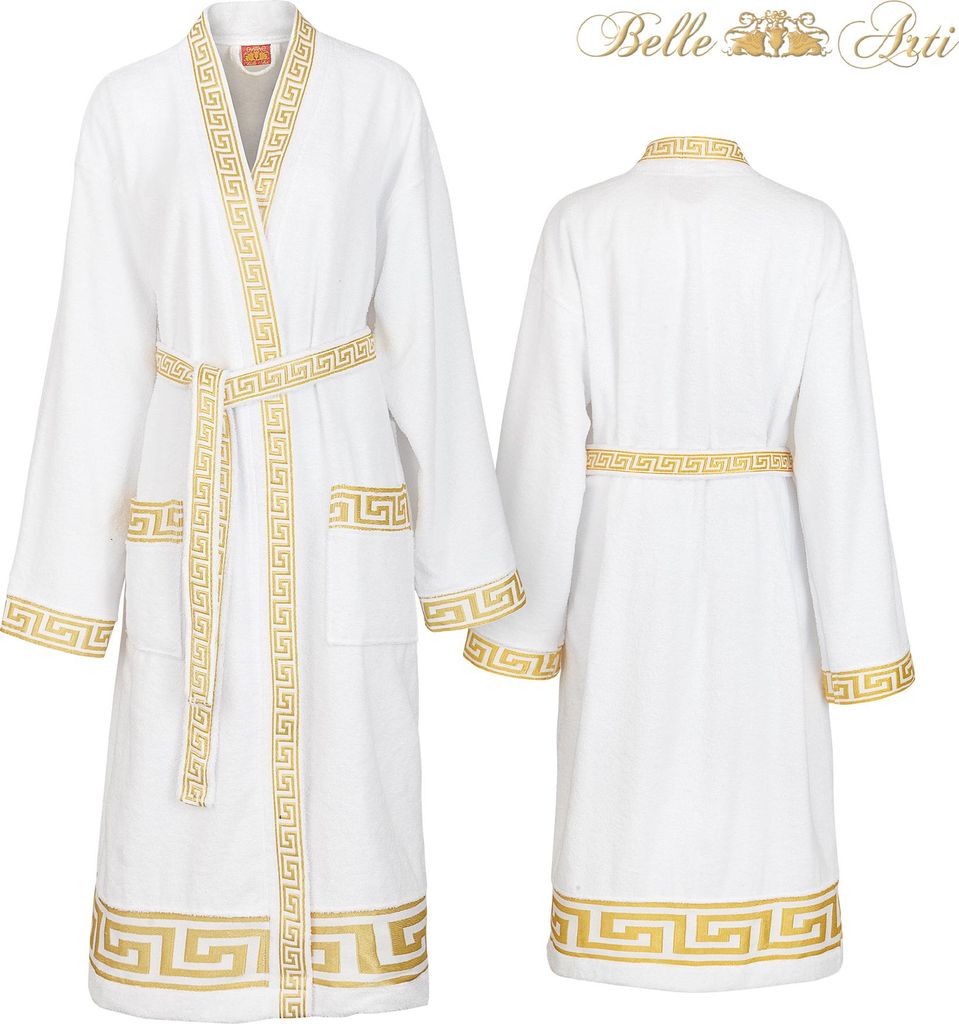Luxus Bademantel Kimono Mäander weiss gold für Damen & Herren - 100% Baumwolle - XL