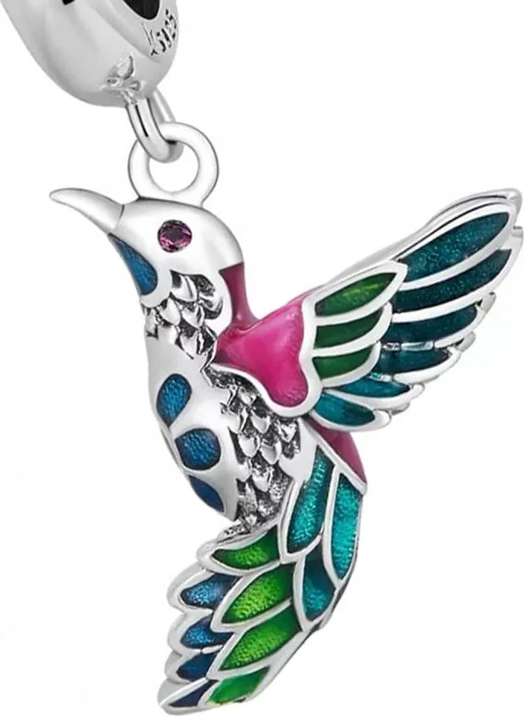 Charm Colibri Argent 925 avec Finition Oxydée et Détails Gravés à la Main