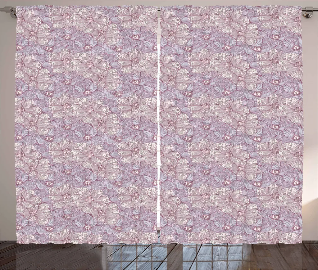 ABAKUHAUS Fiori Tenda rustica, Doodle Vintage Fiori, Soggiorno Nastro universale Tende con passanti e ganci, 280 x 245 cm, Malva Multicolore