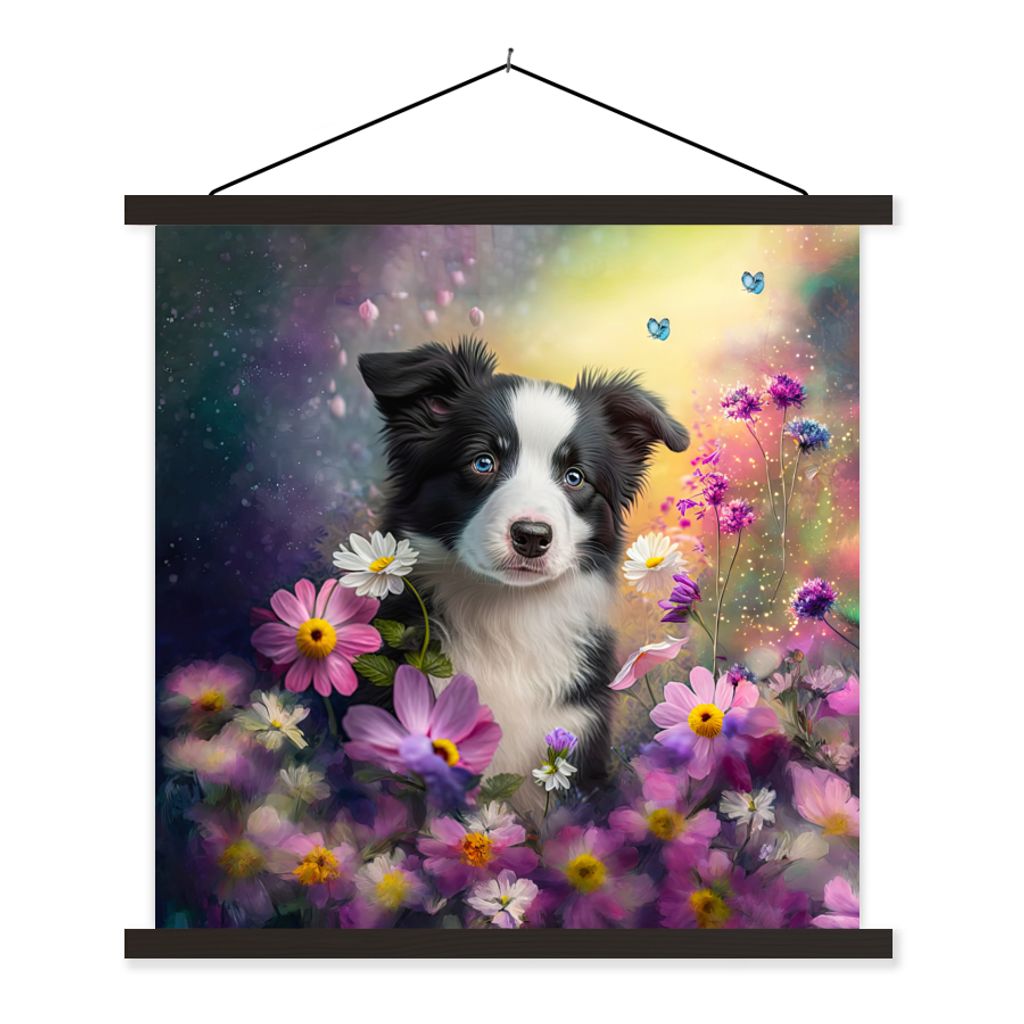 MuchoWow Textilposter Hund - Blumen - Natur - Welpe - Border Collie 120x120 cm mit schwarzem Rahmen - Aufhängungsset