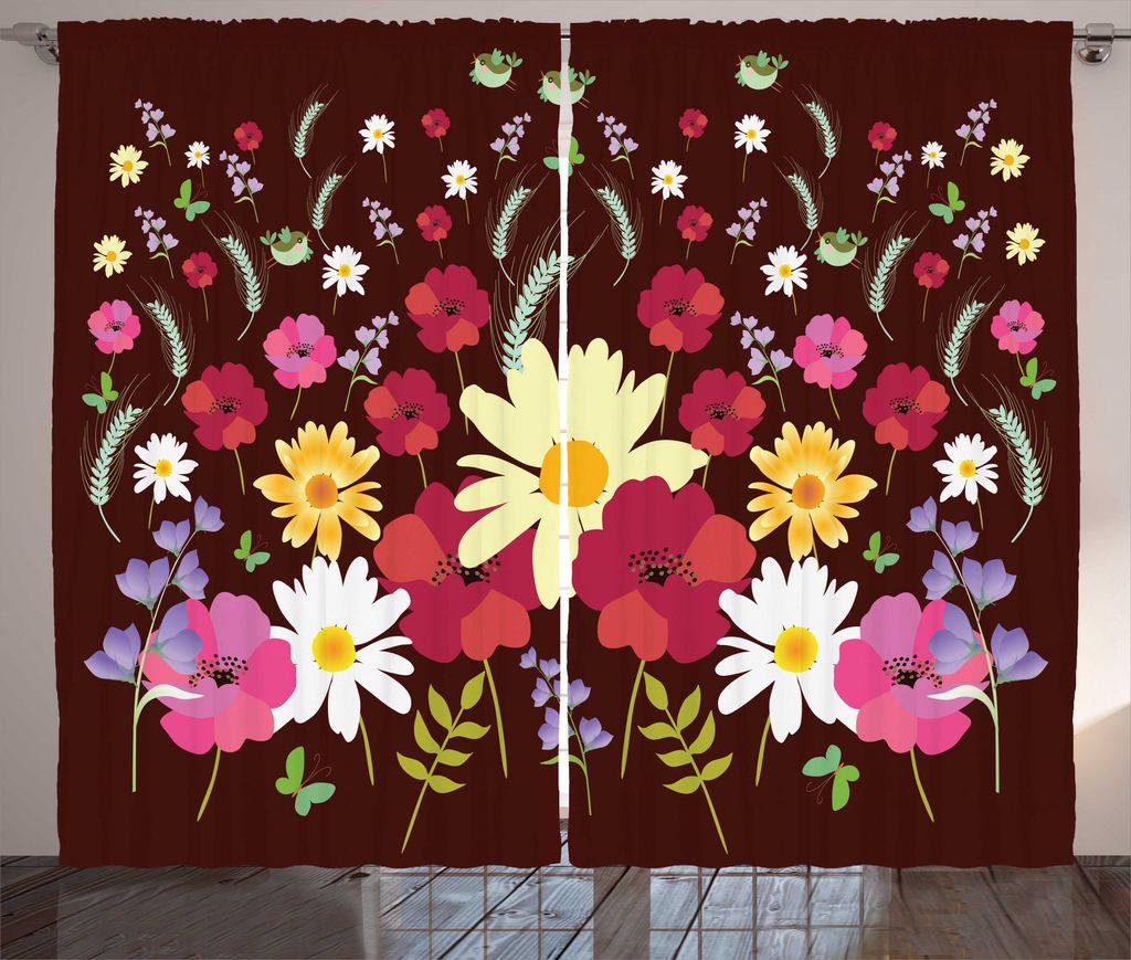 ABAKUHAUS Blumen Insekten Rustikaler Gardine, Mohnblumen Gänseblümchen, Wohnzimmer Universalband Gardinen mit Schlaufen und Haken, 280 x 225 cm, ...