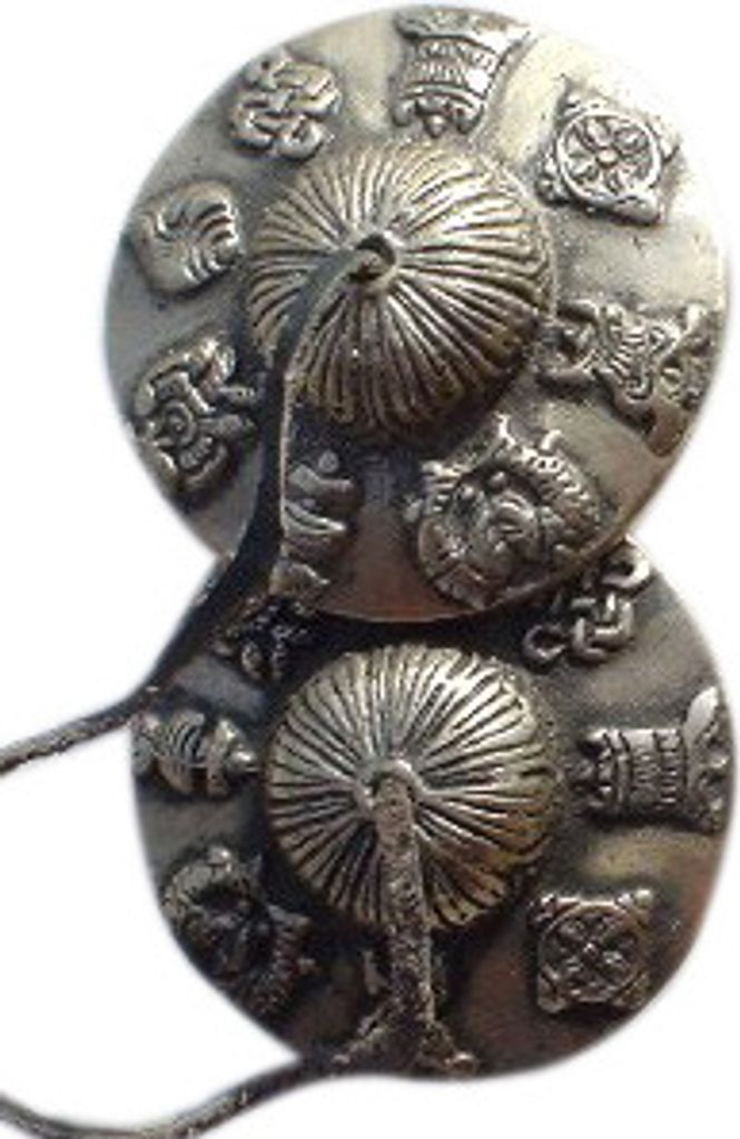 Zimbel Paar mit Ornament, Tibetische Zimbel Ø 6 cm, Silber-Farben, Messing, Motiv: Glücks Zeichen