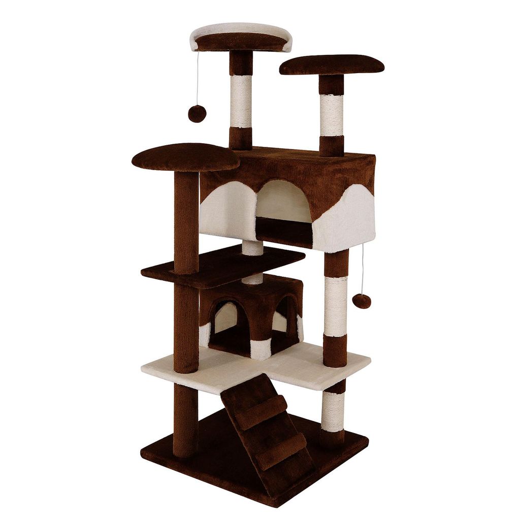 A multi-level cat tree with various platforms, scratching posts, and enclosed spaces.